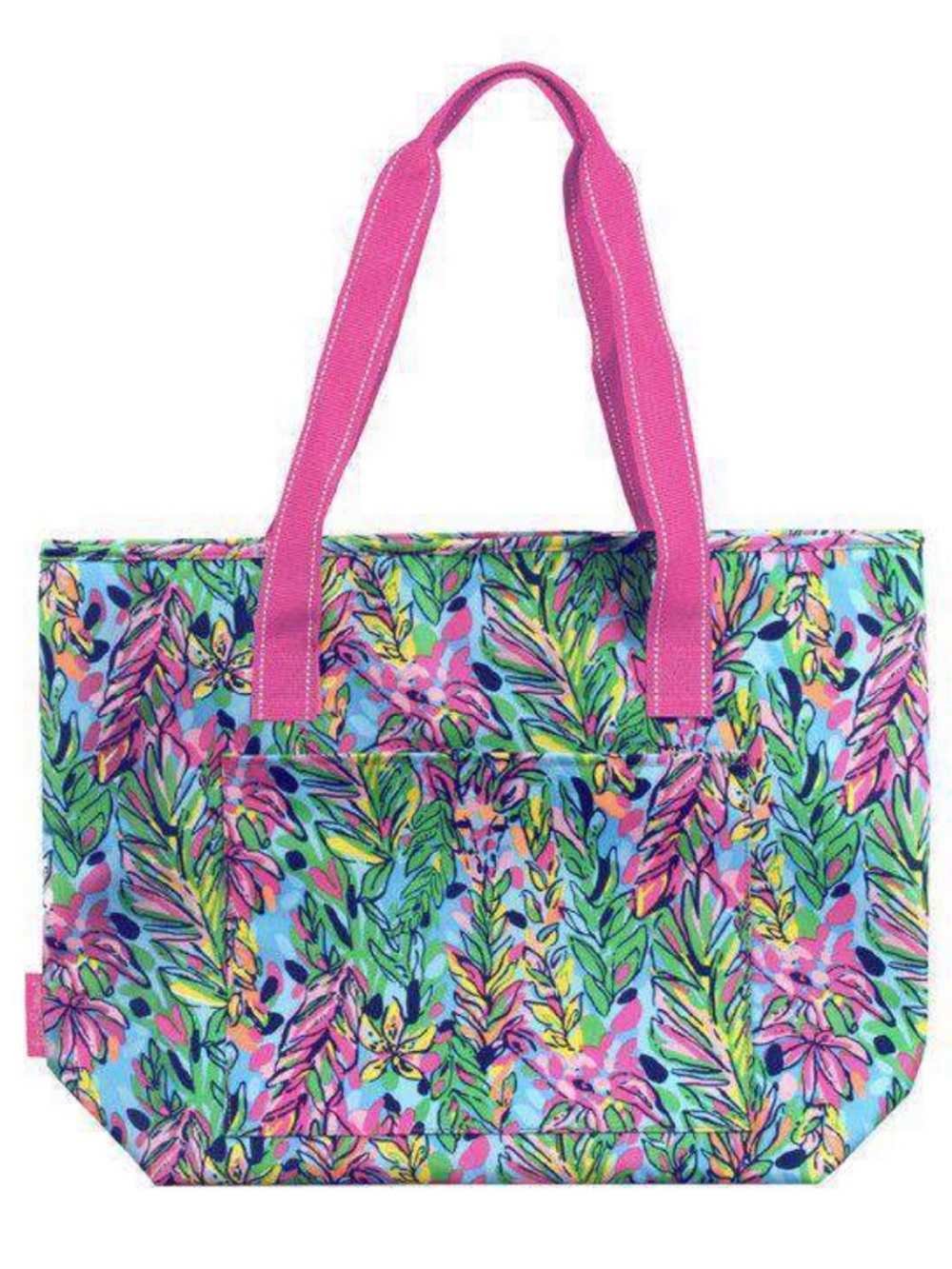 Lilly Pulitzer Multicolor Tropical Leaf Tote Cooler with Pink Handles